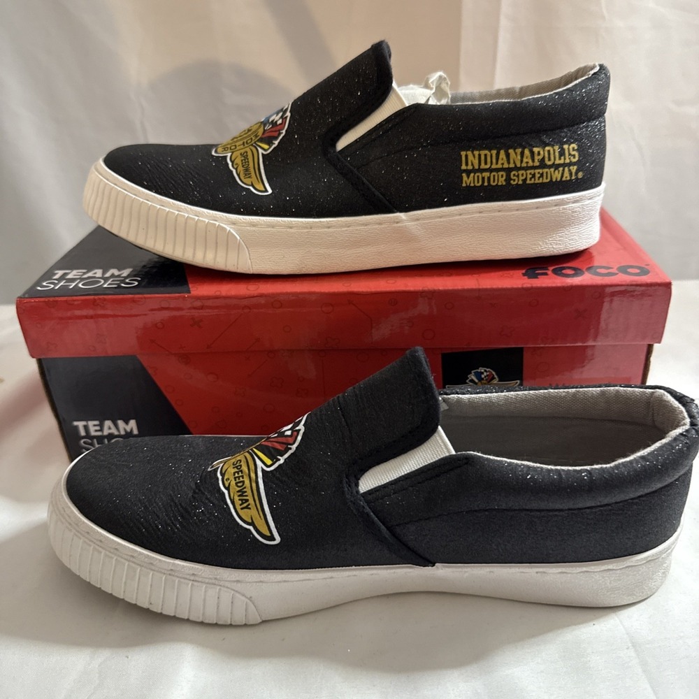 FOCO Indy Motor Speedway Glitter Canvas Slip-On Shoes Women's 8 NEW Box